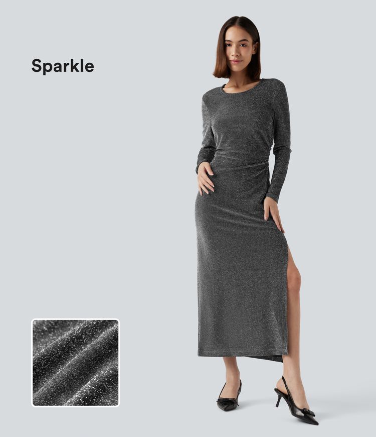 Tie Back Cut-out Long Sleeve Split Hem Midi Sparkle Party Dress