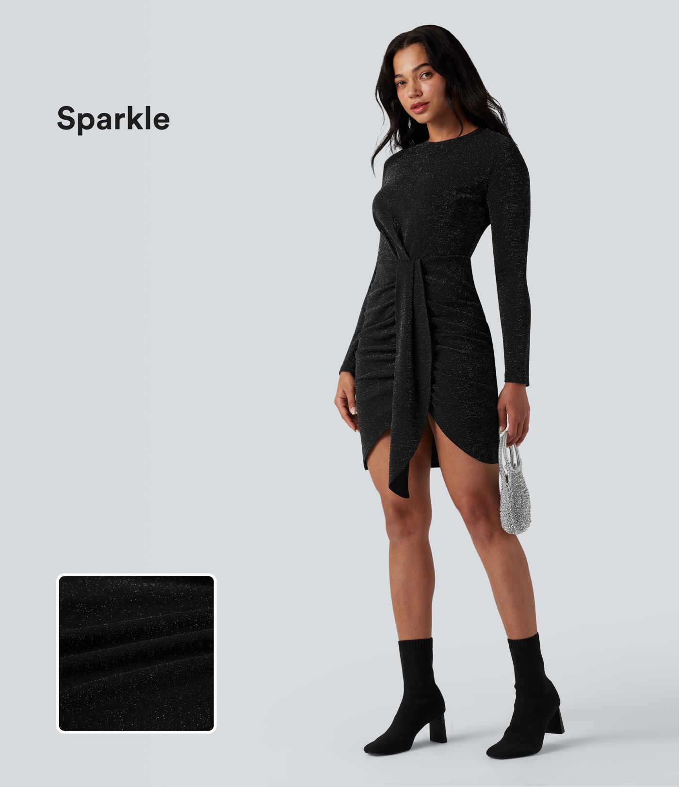 Round Neck Long Sleeve Ruched Bodycon Mini Sparkle Party Dress