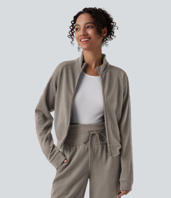 Ribbed Stand Collar Long Sleeve Zipper Color Block Casual Jacket with Pockets Ribbed Stand Collar Long Sleeve Zipper Color Block Casual Jacket with Pockets