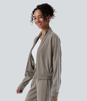 Ribbed Stand Collar Long Sleeve Zipper Color Block Casual Jacket with Pockets Ribbed Stand Collar Long Sleeve Zipper Color Block Casual Jacket with Pockets