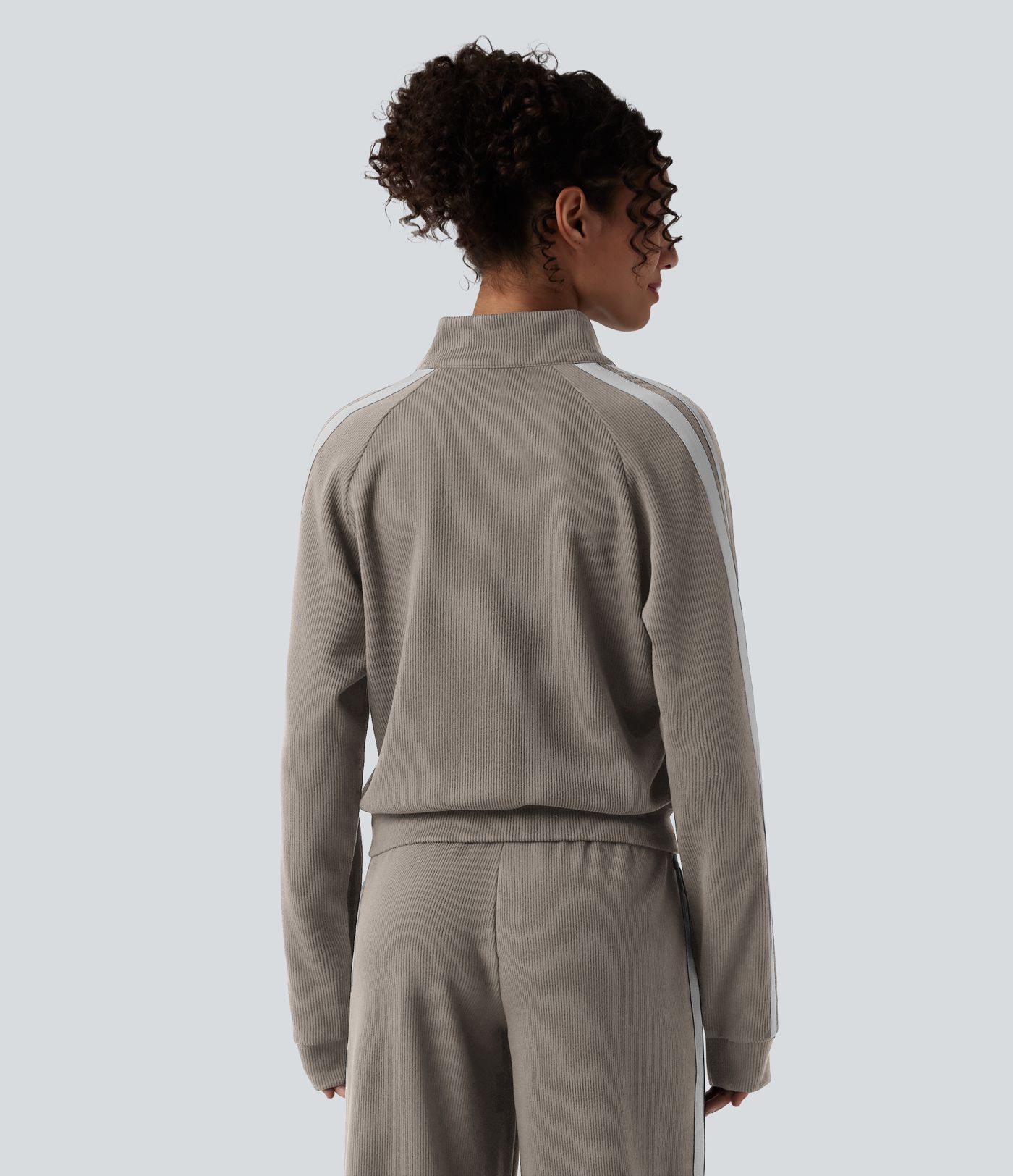 Ribbed Stand Collar Long Sleeve Zipper Color Block Casual Jacket with Pockets Ribbed Stand Collar Long Sleeve Zipper Color Block Casual Jacket with Pockets