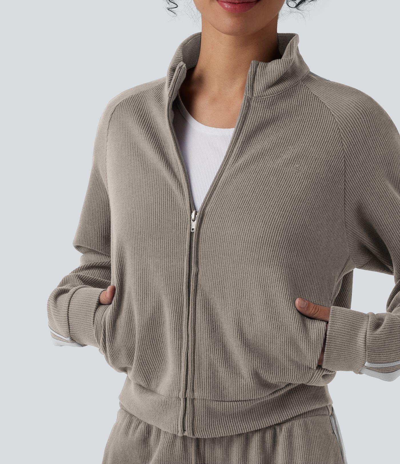 Ribbed Stand Collar Long Sleeve Zipper Color Block Casual Jacket with Pockets Ribbed Stand Collar Long Sleeve Zipper Color Block Casual Jacket with Pockets