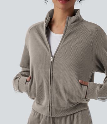 Ribbed Stand Collar Long Sleeve Zipper Color Block Casual Jacket with Pockets Ribbed Stand Collar Long Sleeve Zipper Color Block Casual Jacket with Pockets