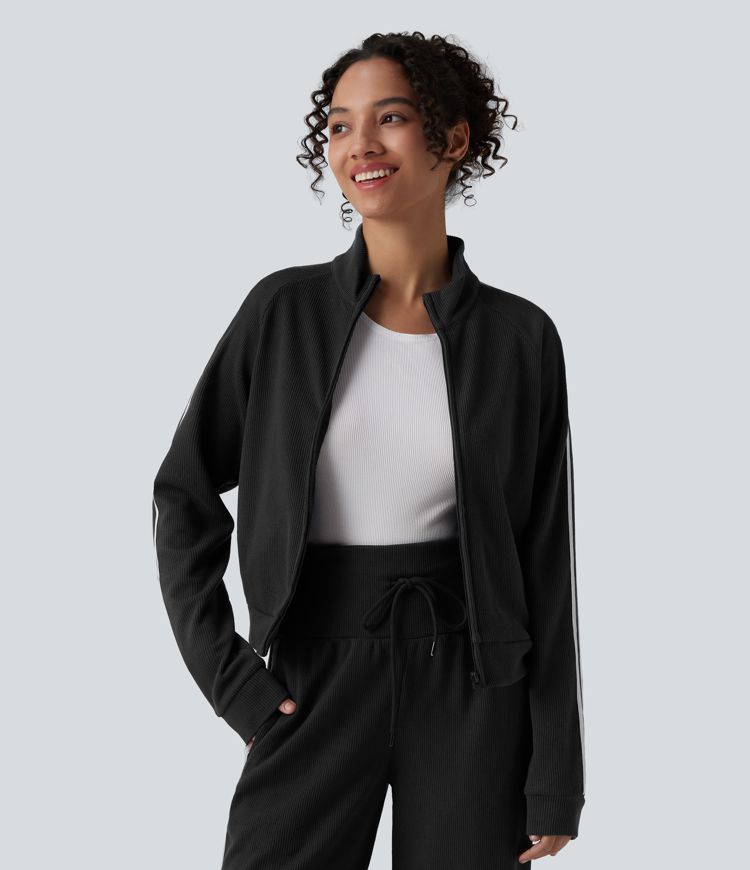 Ribbed Stand Collar Long Sleeve Zipper Color Block Casual Jacket with Pockets