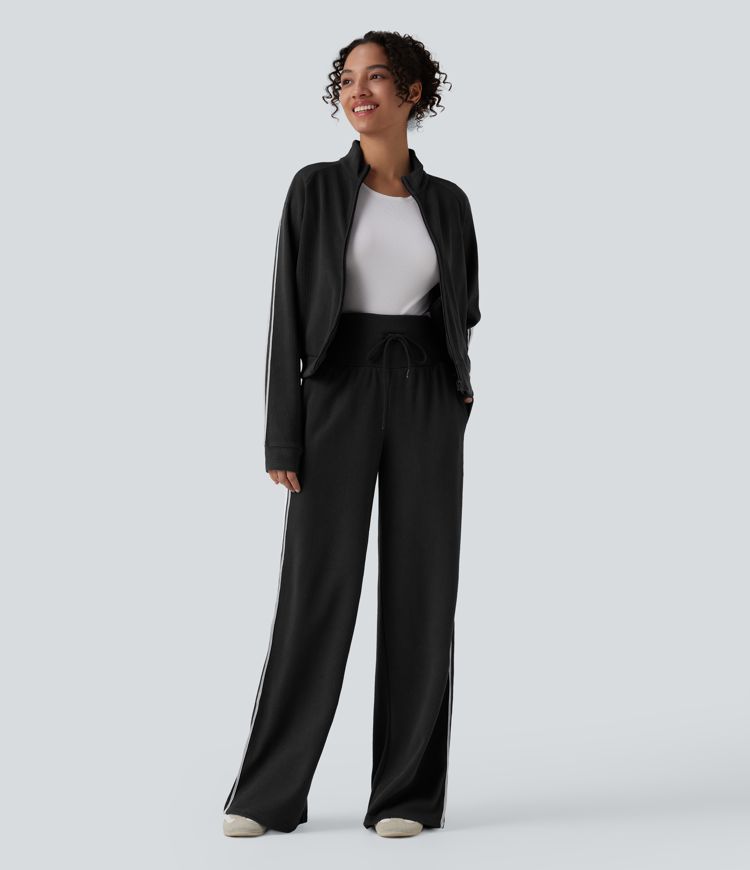 Ribbed Stand Collar Long Sleeve Zipper Color Block Casual Jacket with Pockets