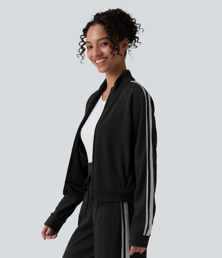 Ribbed Stand Collar Long Sleeve Zipper Color Block Casual Jacket with Pockets