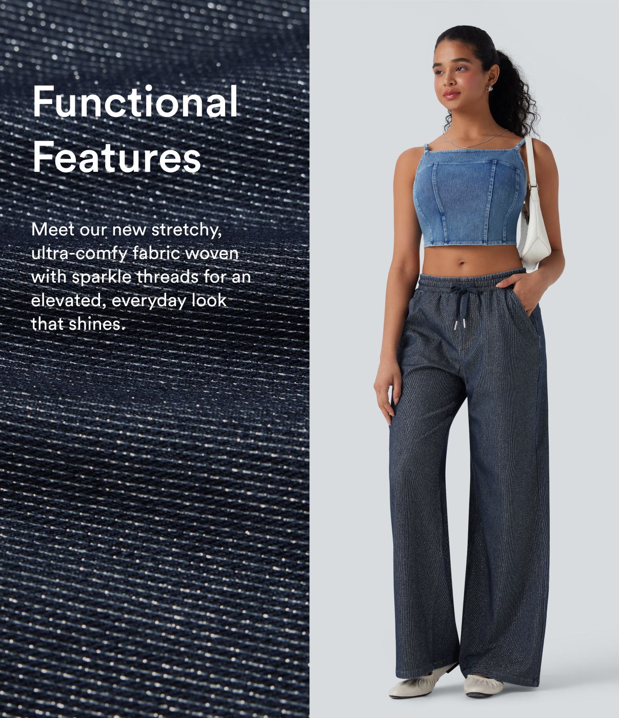 Jeans Casuales Metálicos Halara Flex™ de Tiro Bajo con Cordón, Pierna Ancha y Bolsillos