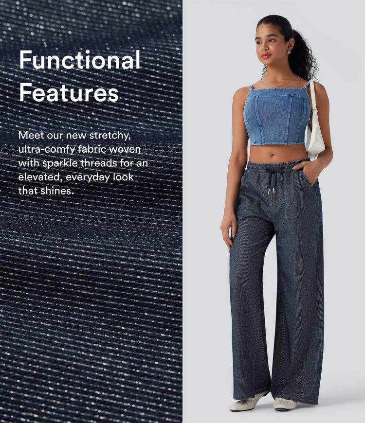 Jeans Casuales Metálicos Halara Flex™ de Tiro Bajo con Cordón, Pierna Ancha y Bolsillos