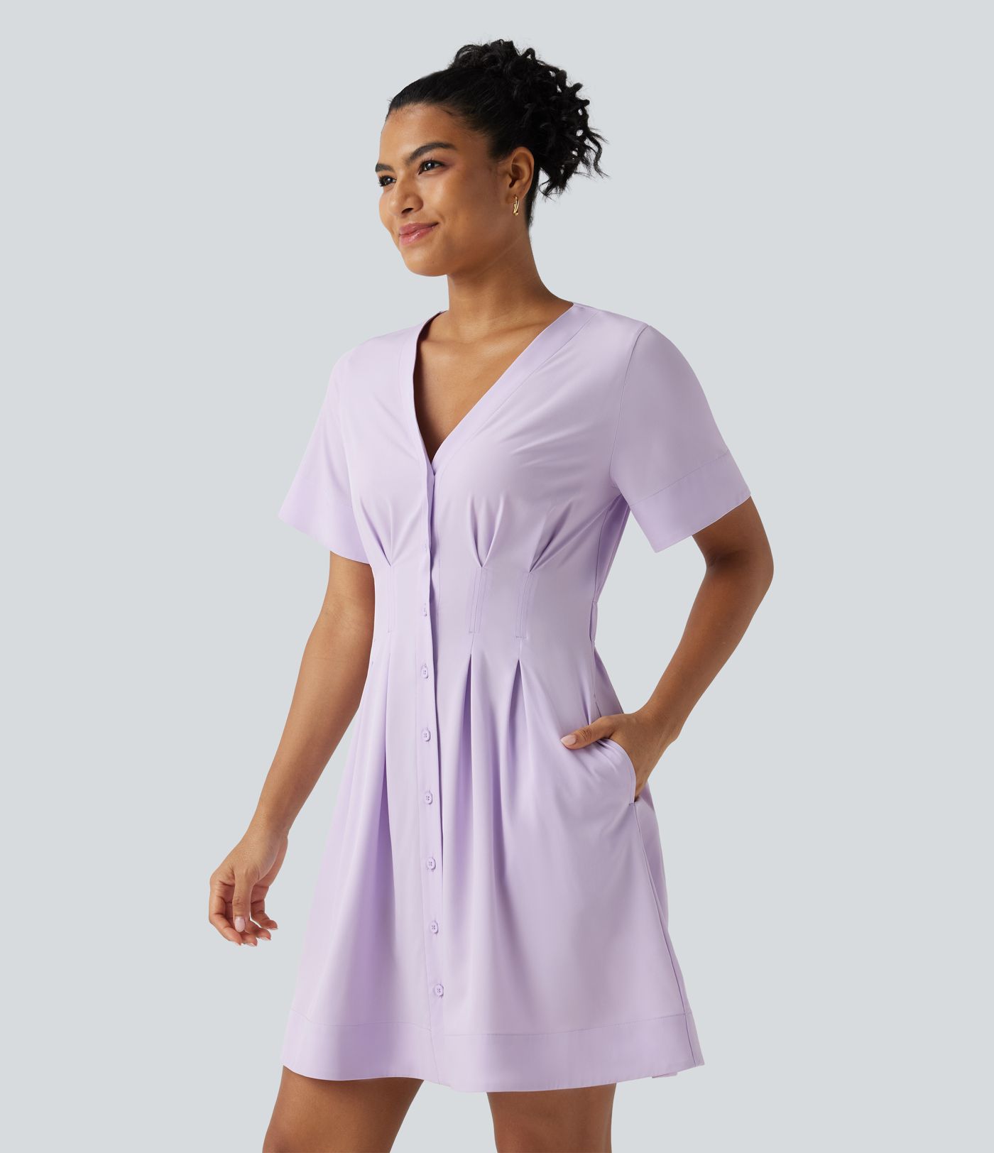 Breezeful™ V Neck Half Sleeve Quick Dry Mini Casual Dress with Pockets