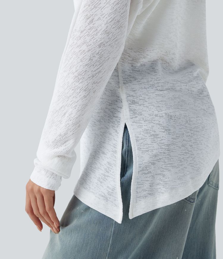 Lässiges, halbtransparentes T-Shirt mit langen Ärmeln, One-Shoulder-Design und asymmetrischem Saum