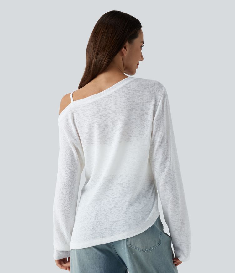 Lässiges, halbtransparentes T-Shirt mit langen Ärmeln, One-Shoulder-Design und asymmetrischem Saum