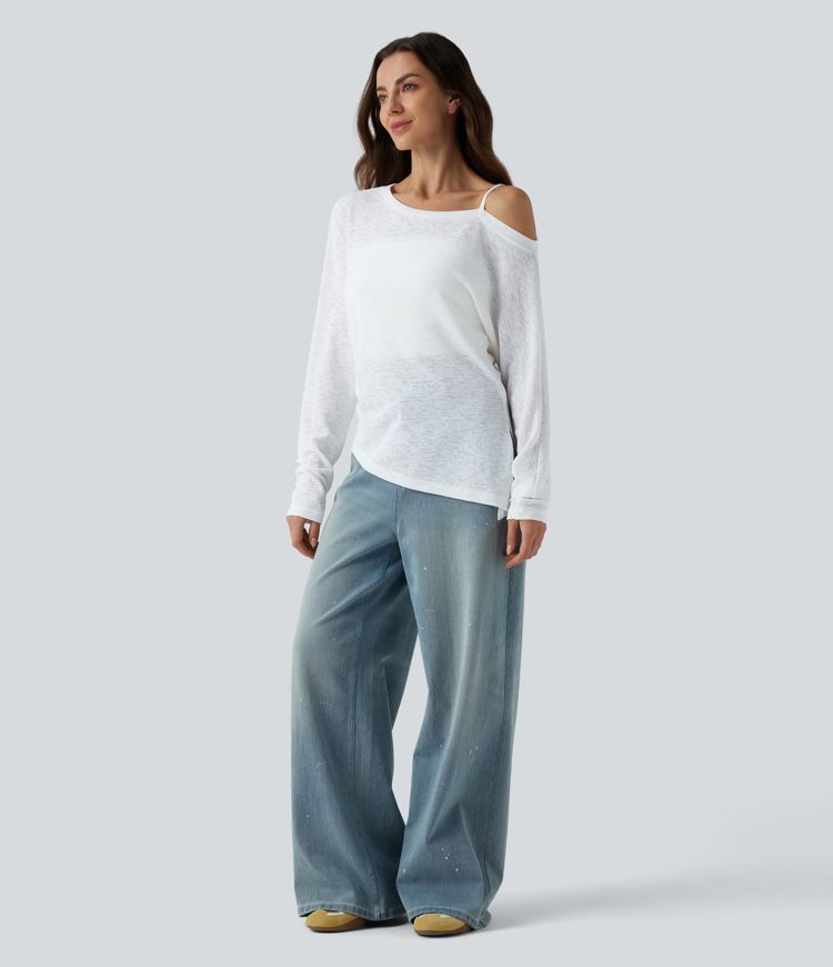 Lässiges, halbtransparentes T-Shirt mit langen Ärmeln, One-Shoulder-Design und asymmetrischem Saum