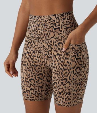 Halara UltraSculpt™ Leopard Print High Waisted Scrunch Butt Lifting Tummy Control Training Biker Shorts 7'' with Pockets