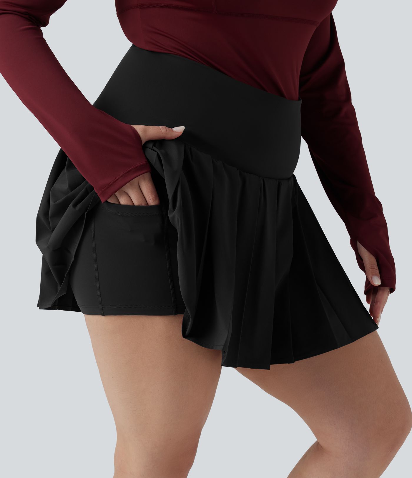 Plus Size Breezeful™ High Waisted Pleated 2-in-1 Asymmetric Hem Quick Dry Mini Yoga Skirt with Pockets