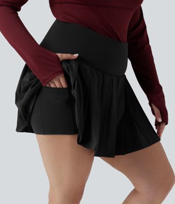 Plus Size Breezeful™ High Waisted Pleated 2-in-1 Asymmetric Hem Quick Dry Mini Yoga Skirt with Pockets