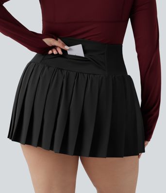Plus Size Breezeful™ High Waisted Pleated 2-in-1 Asymmetric Hem Quick Dry Mini Yoga Skirt with Pockets