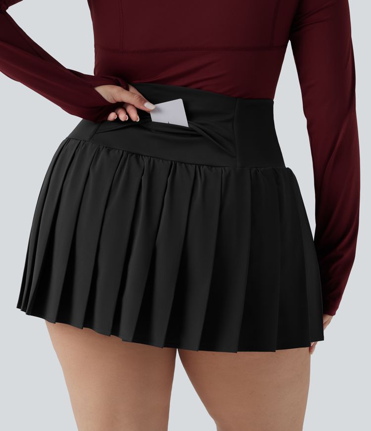 Plus Size Breezeful™ High Waisted Pleated 2-in-1 Asymmetric Hem Quick Dry Mini Yoga Skirt with Pockets