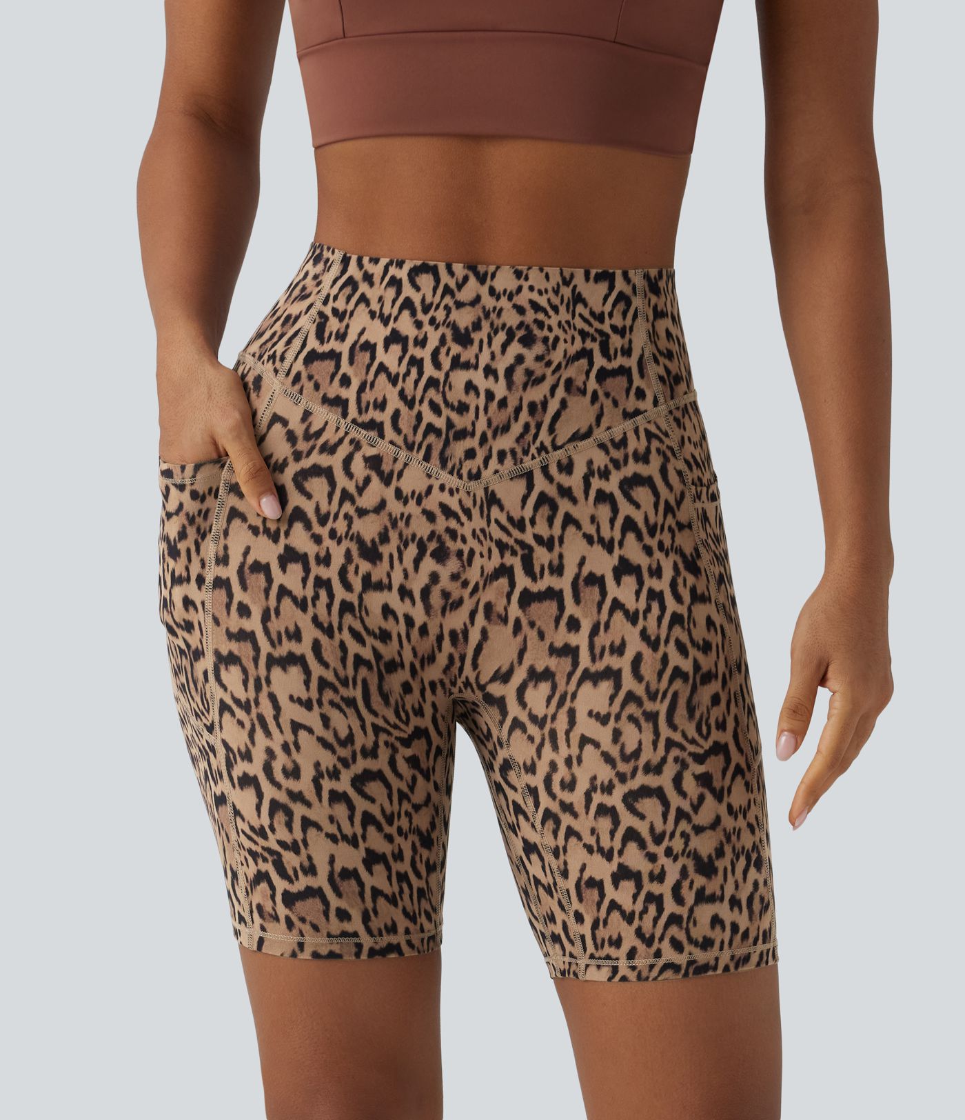 Halara UltraSculpt™ Leopard Print High Waisted Scrunch Butt Lifting Tummy Control Training Biker Shorts 7'' with Pockets