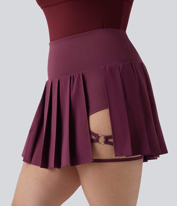 Tallas grandes Breezeful™: falda mini de yoga 2 en 1 plisada, de cintura alta, con dobladillo asimétrico, de secado rápido y con bolsillos