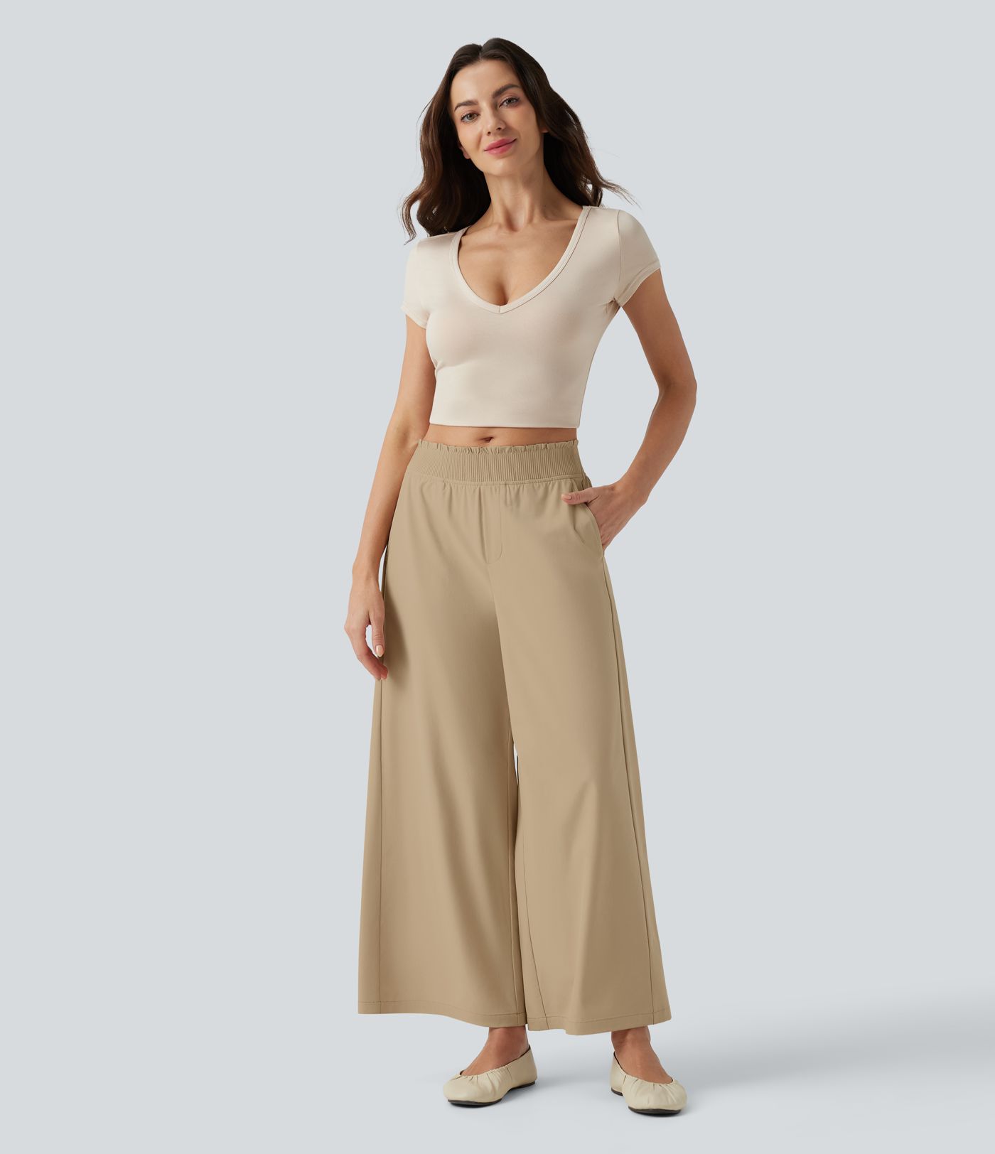 Breezeful™ Ruffle Mid Rise Wide Leg Quick Dry Casual Pants with Pockets