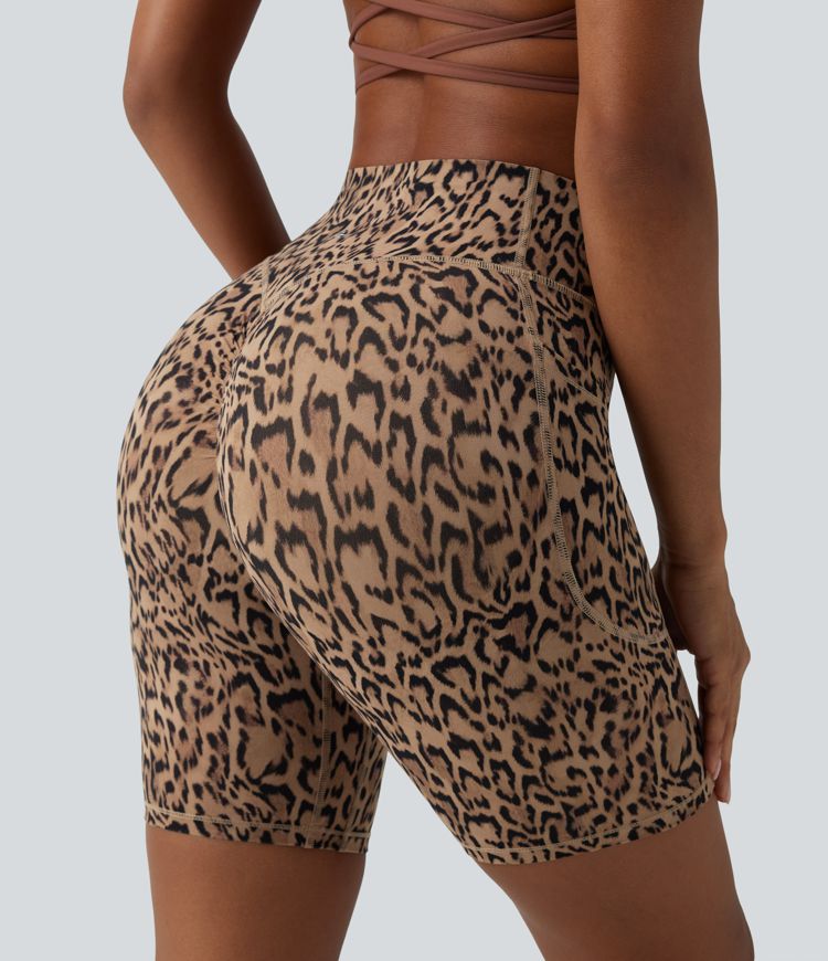 Halara UltraSculpt™ Leopard Print High Waisted Scrunch Butt Lifting Tummy Control Training Biker Shorts 7'' with Pockets