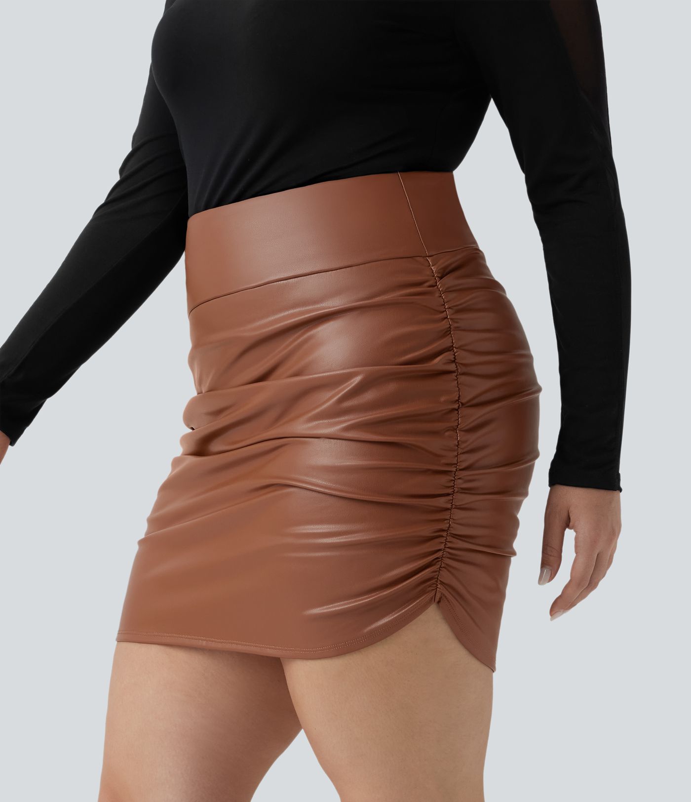 High Waisted Tummy Control Ruched Curved Hem 2-in-1 Fleece PU Mini Bodycon Party Plus Size Skirt