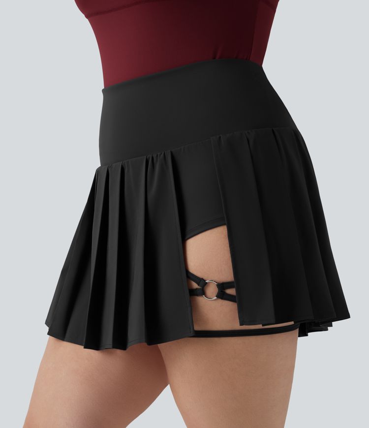 Plus Size Breezeful™ High Waisted Pleated 2-in-1 Asymmetric Hem Quick Dry Mini Yoga Skirt with Pockets