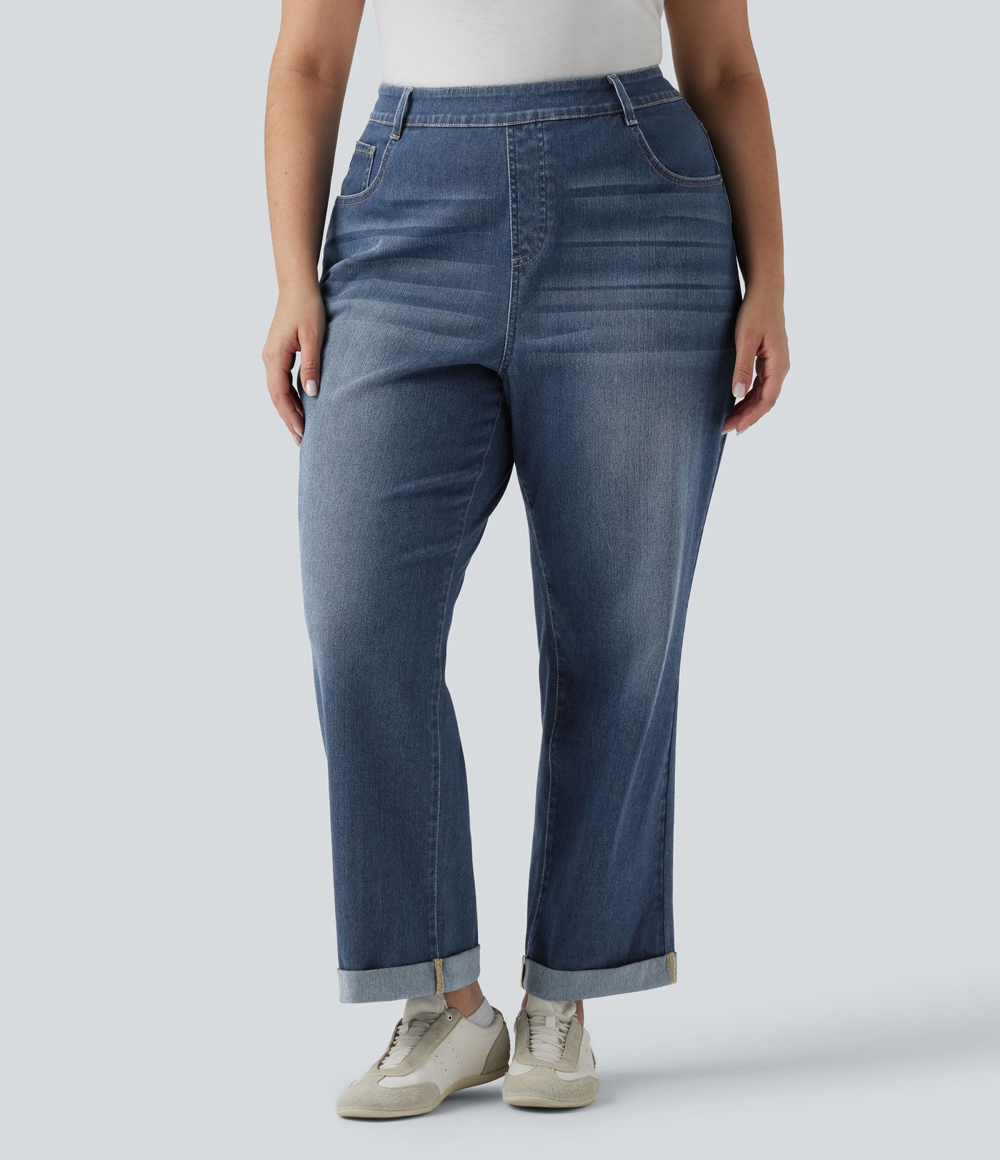 Plus Size Halara Flex™ Jean slim décontracté taille haute ourlet roulotté avec poches