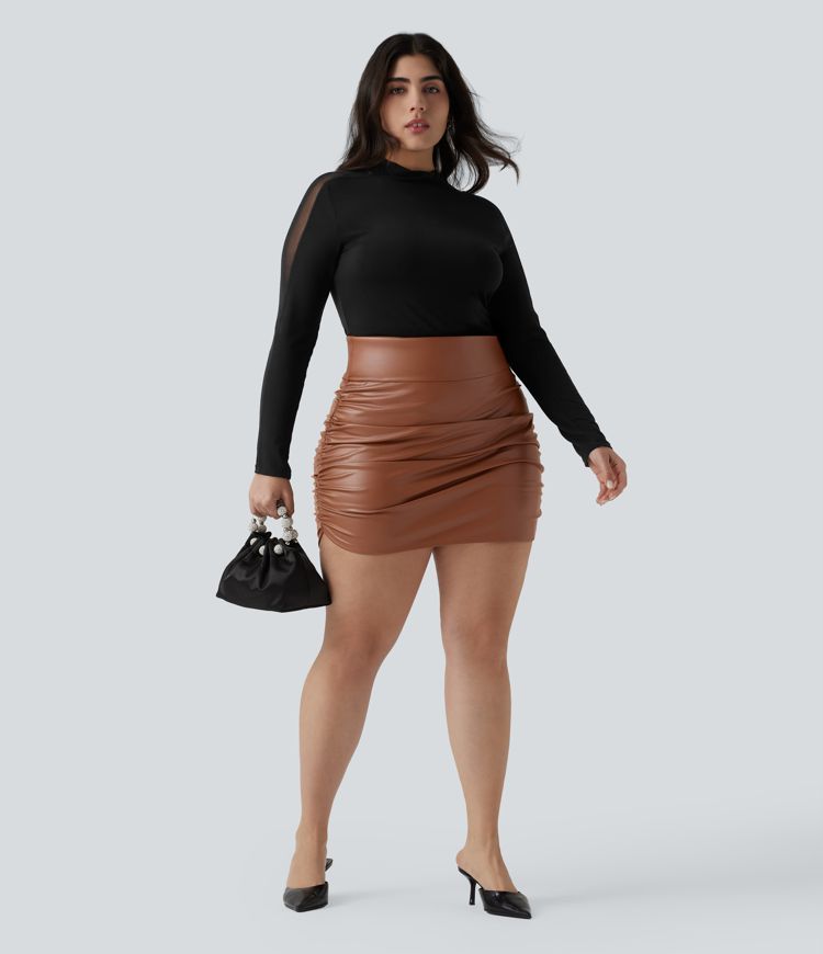 High Waisted Tummy Control Ruched Curved Hem 2-in-1 Fleece PU Mini Bodycon Party Plus Size Skirt