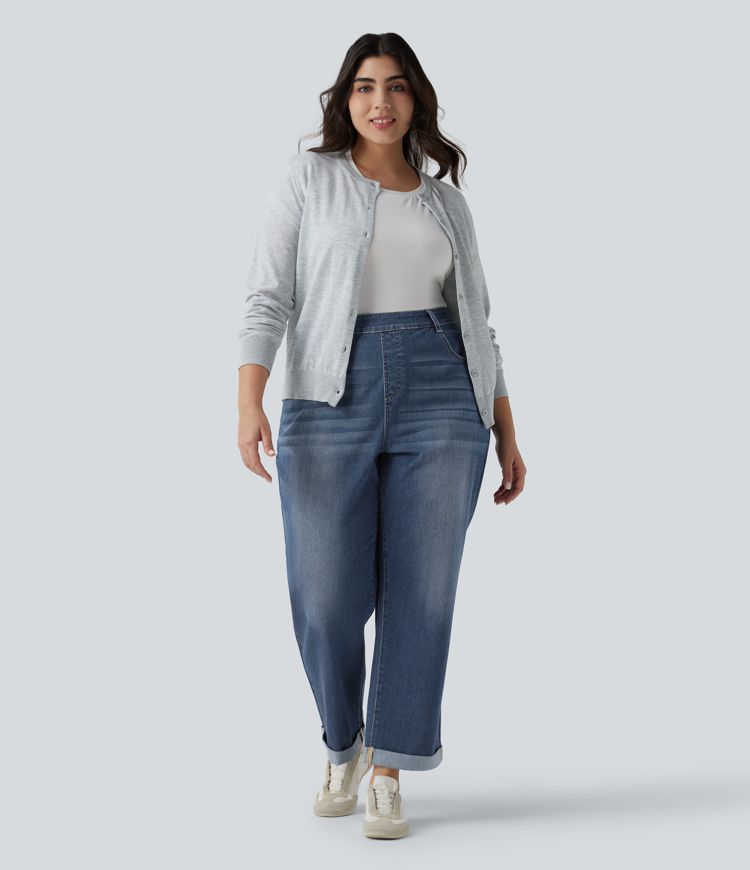 Plus Size Halara Flex™ Jean slim décontracté taille haute ourlet roulotté avec poches