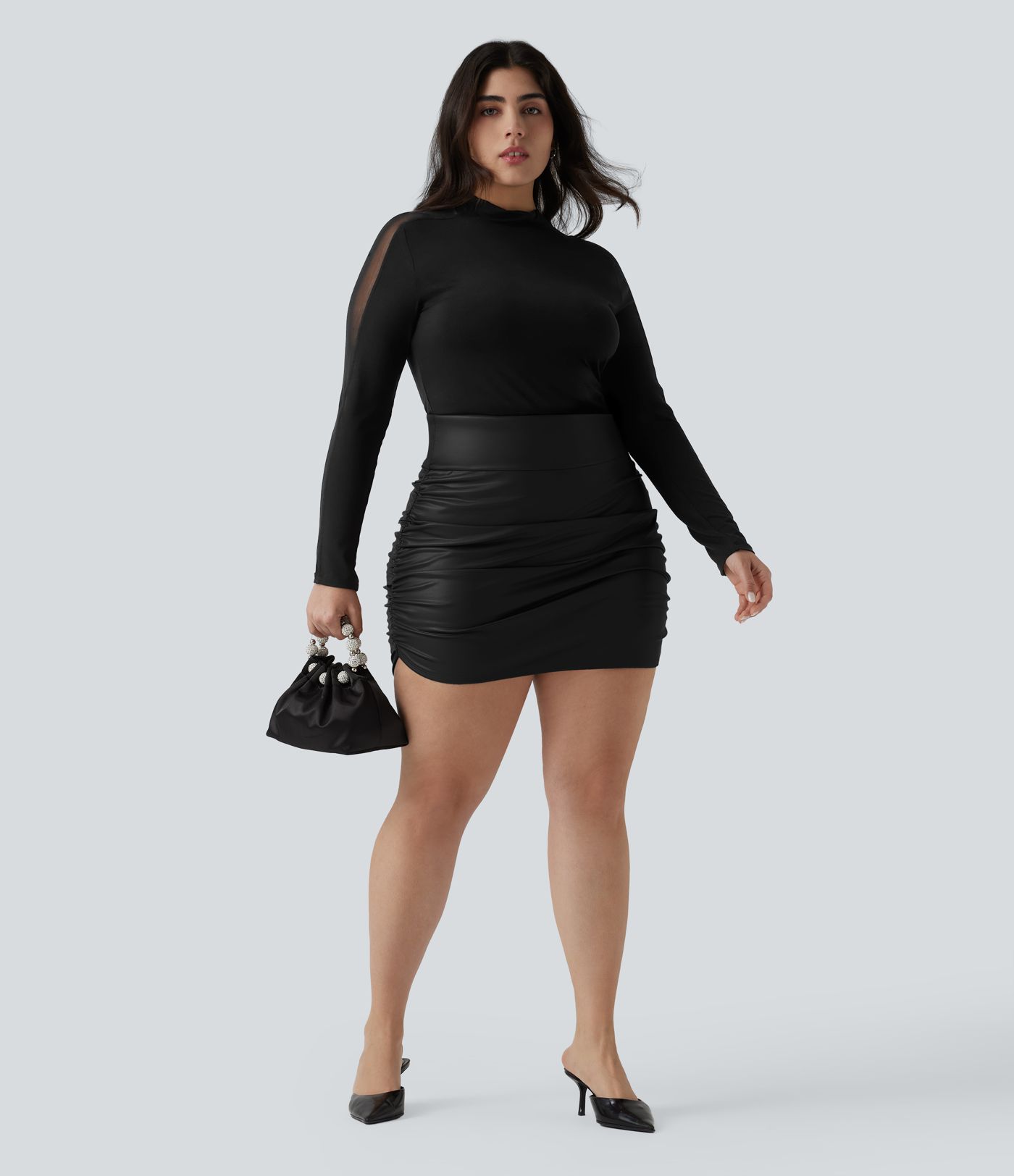 High Waisted Tummy Control Ruched Curved Hem 2-in-1 Fleece PU Mini Bodycon Party Plus Size Skirt