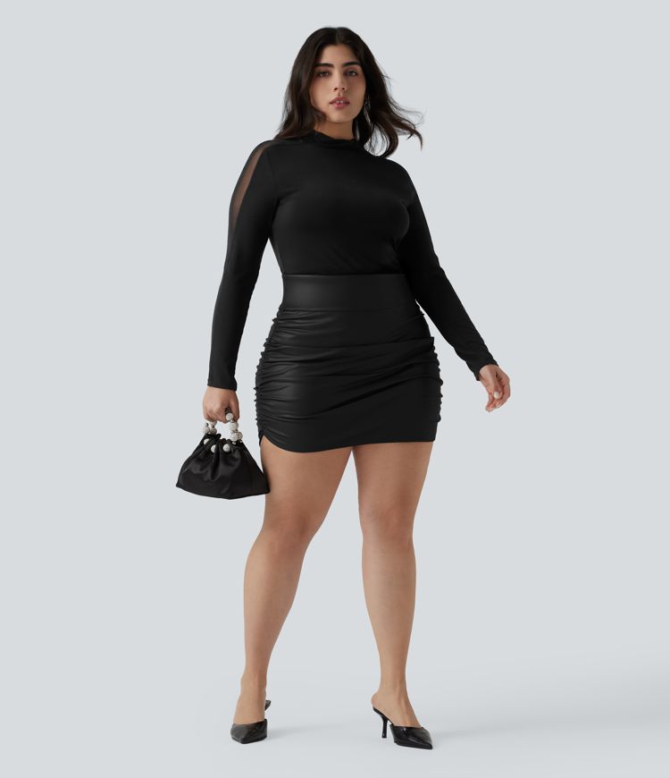 High Waisted Tummy Control Ruched Curved Hem 2-in-1 Fleece PU Mini Bodycon Party Plus Size Skirt