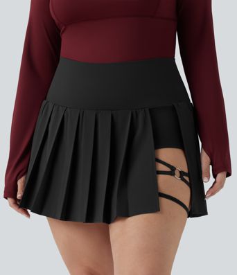 Plus Size Breezeful™ High Waisted Pleated 2-in-1 Asymmetric Hem Quick Dry Mini Yoga Skirt with Pockets