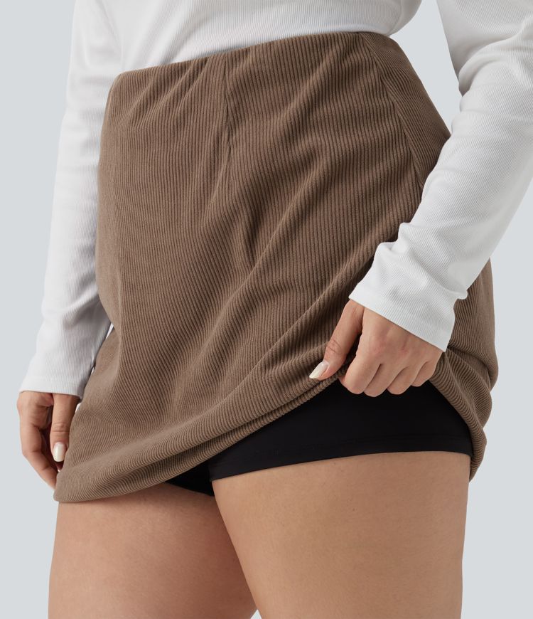 Plus Size High Waisted 2-in-1 A Line Mini Corduroy Casual Skirt-Longer Length