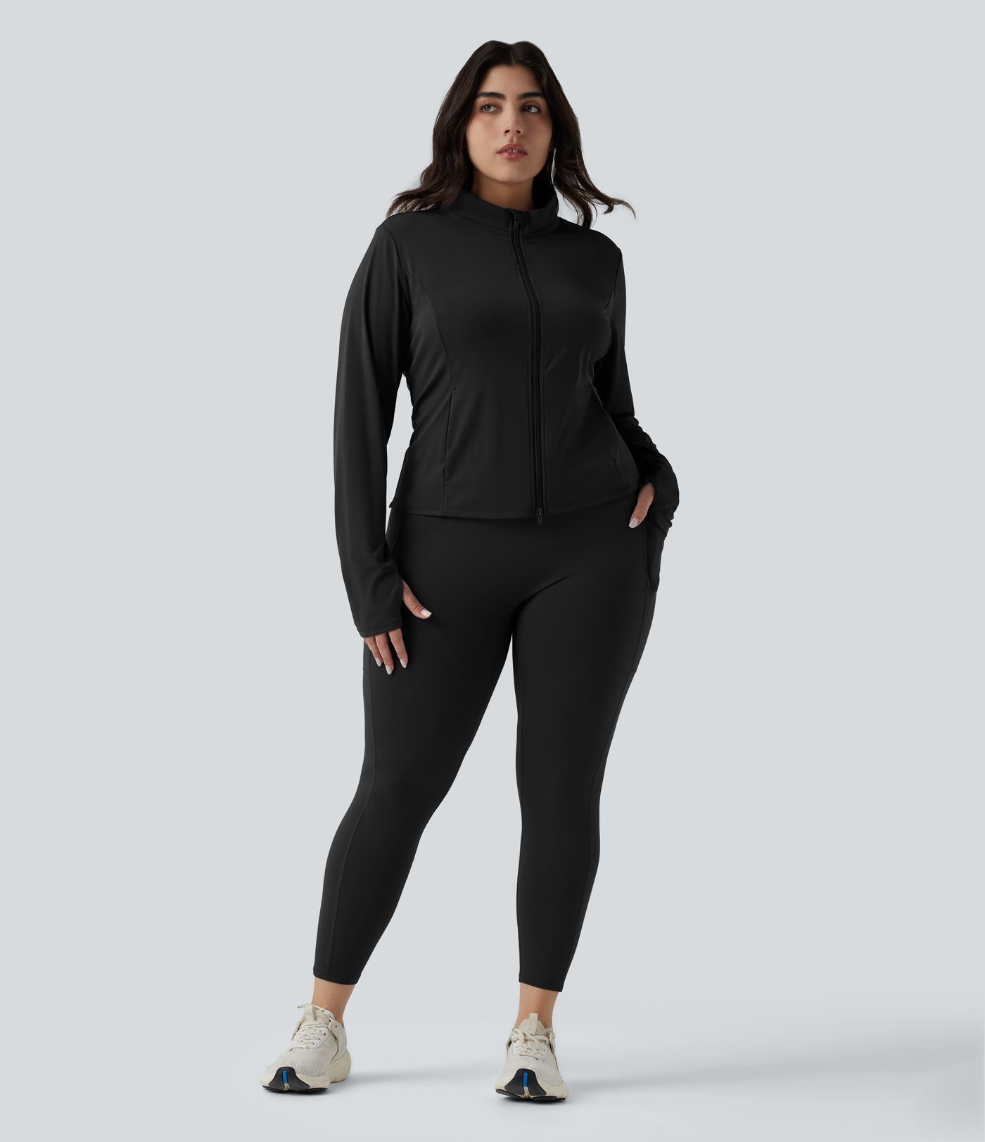 SoftlyZero™ Stand Collar Thumb Hole Pockets Pleated Zipper Slim Hiking Plus Size Jacket-UPF50+