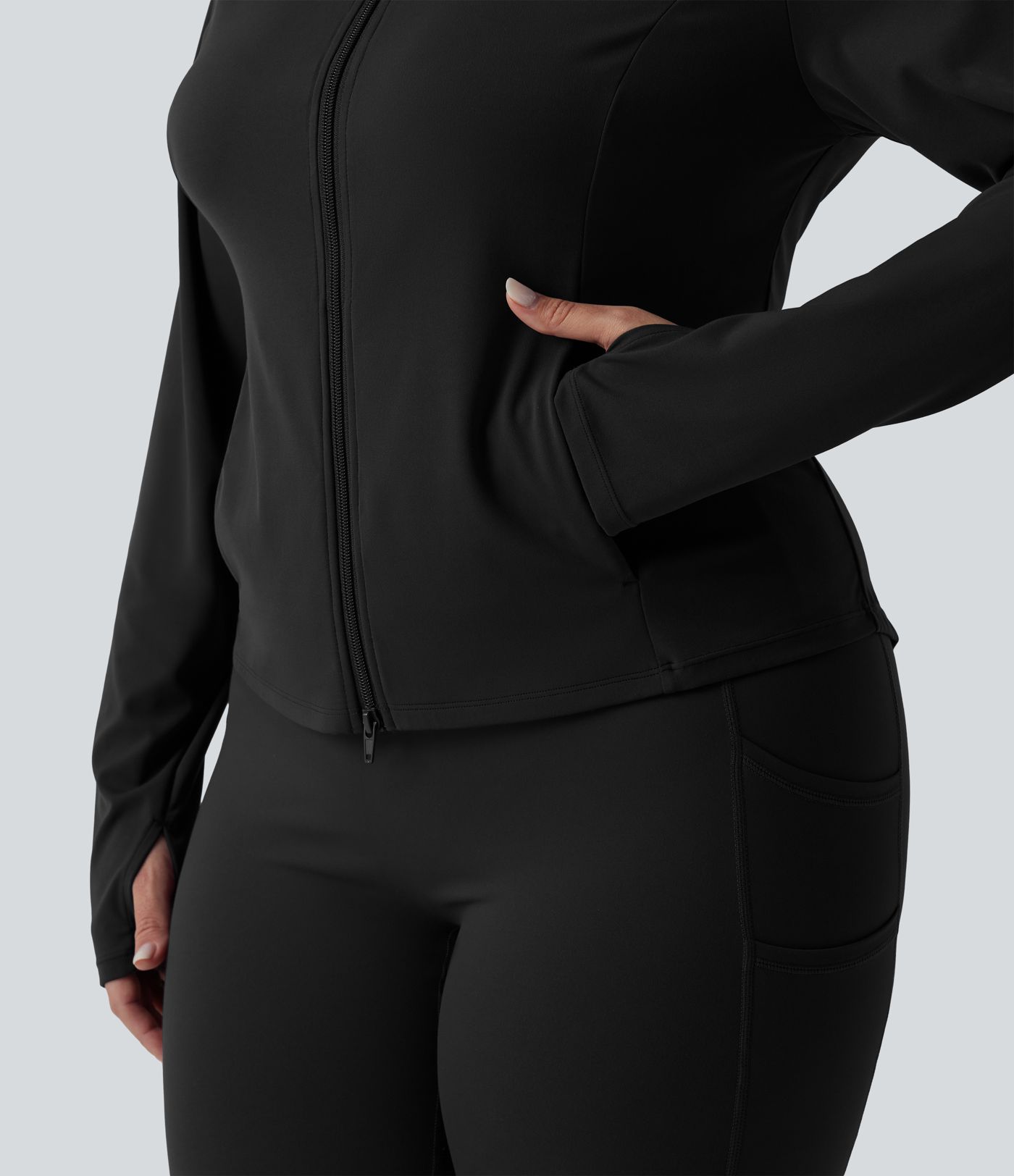 SoftlyZero™ Stand Collar Thumb Hole Pockets Pleated Zipper Slim Hiking Plus Size Jacket-UPF50+