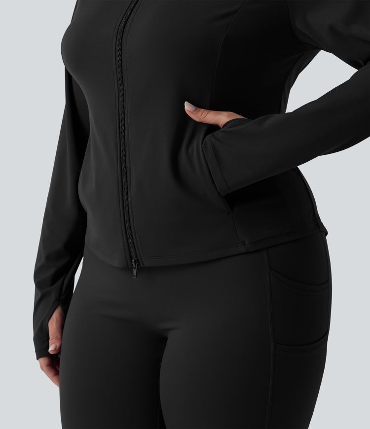 SoftlyZero™ Stand Collar Thumb Hole Pockets Pleated Zipper Slim Hiking Plus Size Jacket-UPF50+