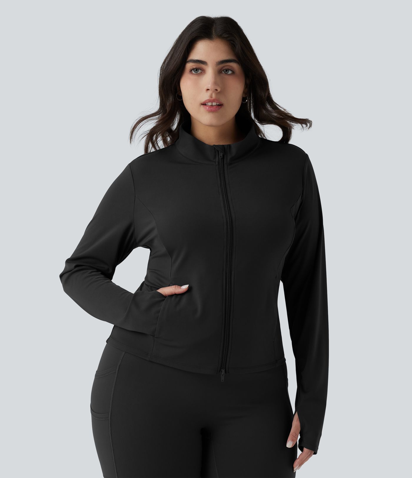 SoftlyZero™ Stand Collar Thumb Hole Pockets Pleated Zipper Slim Hiking Plus Size Jacket-UPF50+