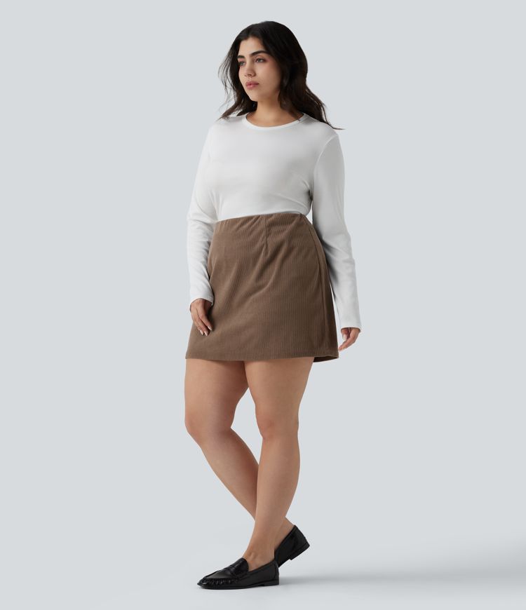 Plus Size High Waisted 2-in-1 A Line Mini Corduroy Casual Skirt-Longer Length