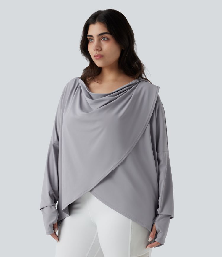 Plus Size Hooded Cowl Neck Long Sleeve Thumb Hole Yoga Sports Top with Pockets