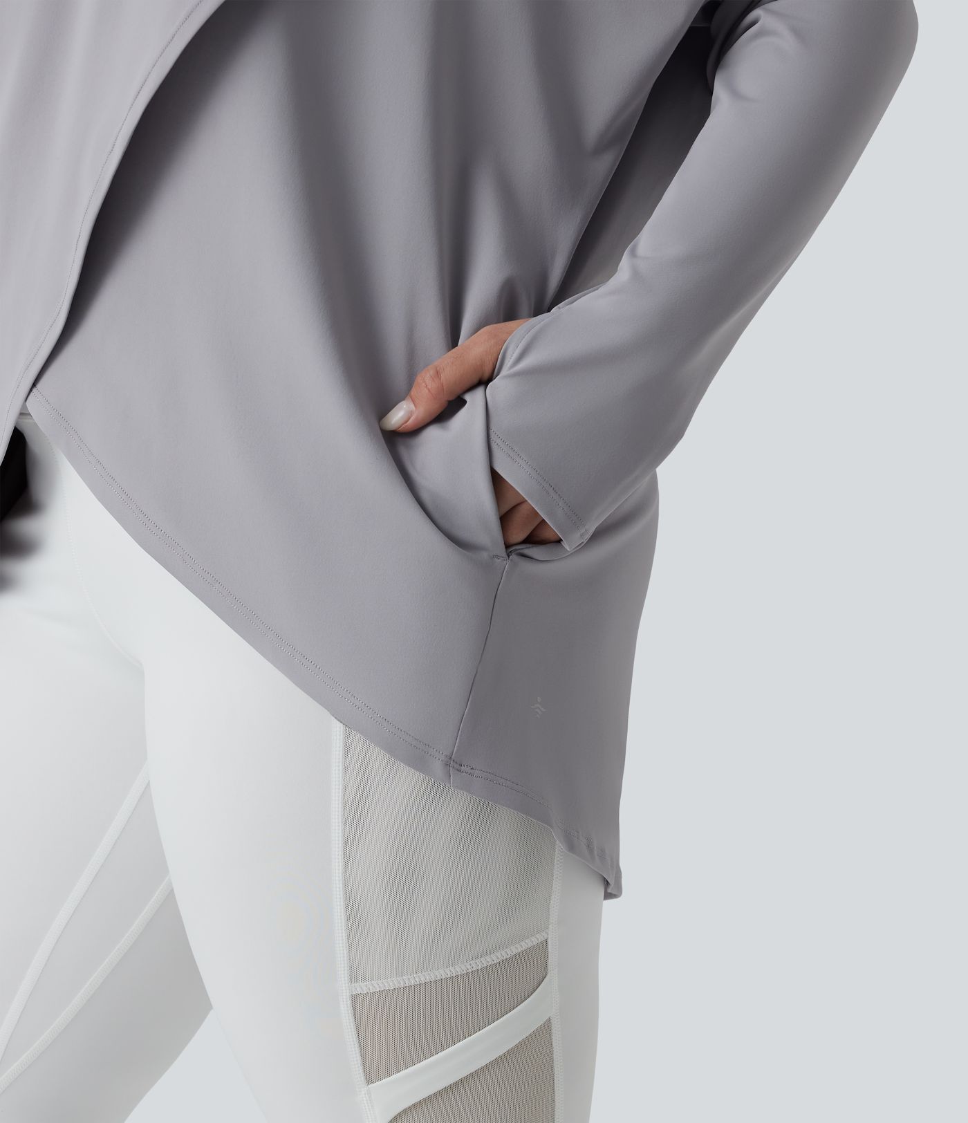 Plus Size Hooded Cowl Neck Long Sleeve Thumb Hole Yoga Sports Top with Pockets