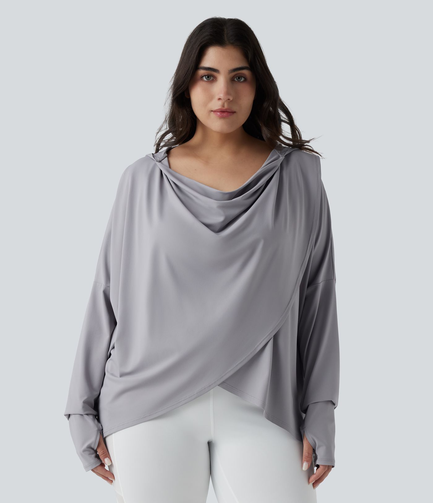 Plus Size Hooded Cowl Neck Long Sleeve Thumb Hole Yoga Sports Top with Pockets