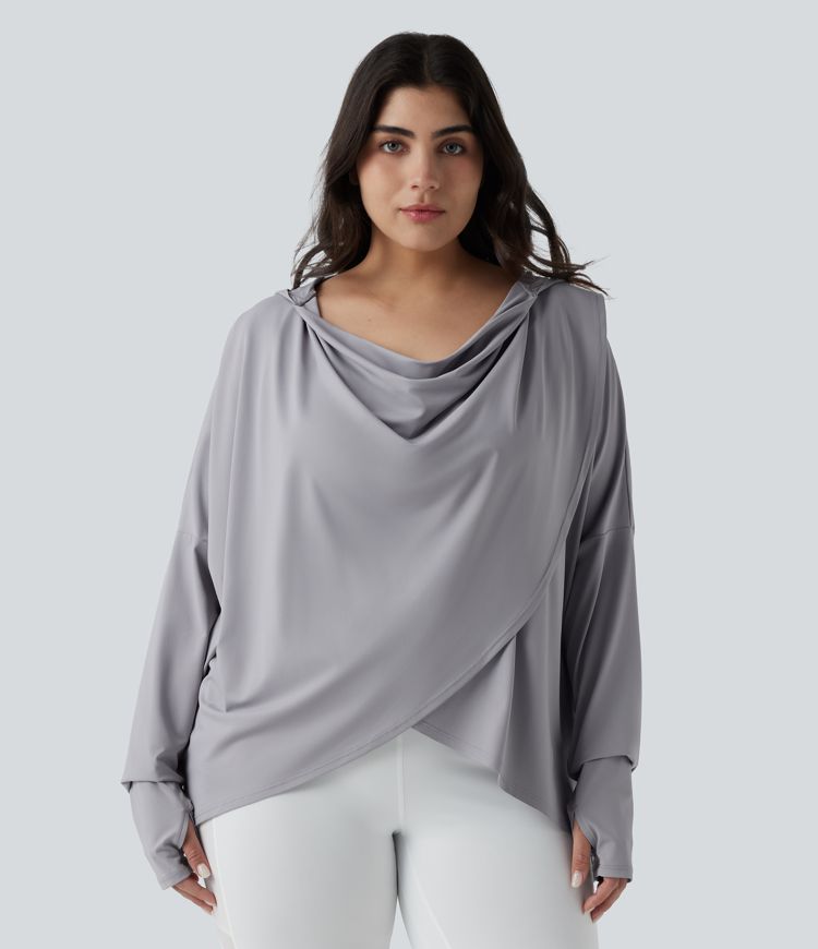 Plus Size Hooded Cowl Neck Long Sleeve Thumb Hole Yoga Sports Top with Pockets