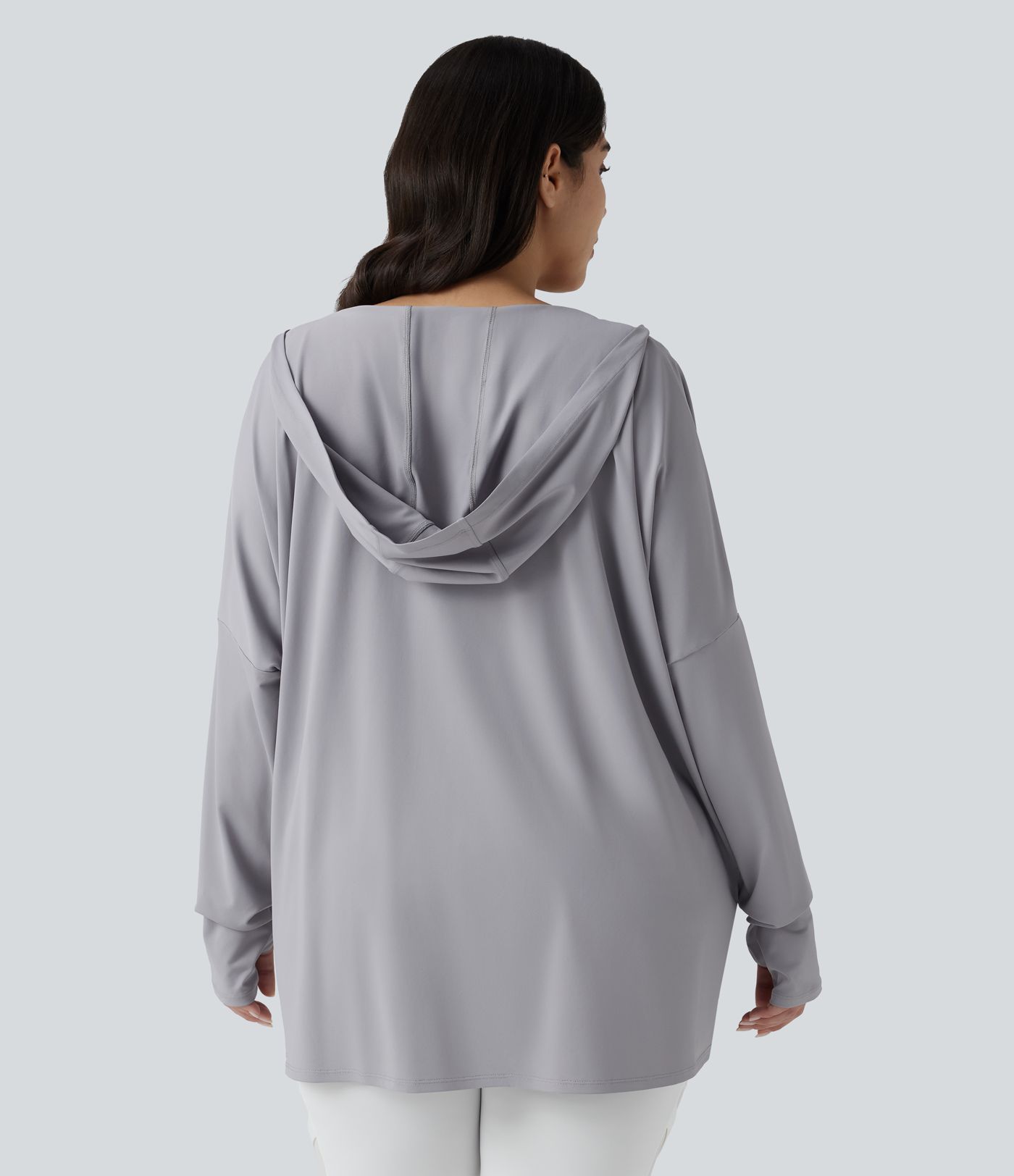 Plus Size Hooded Cowl Neck Long Sleeve Thumb Hole Yoga Sports Top with Pockets