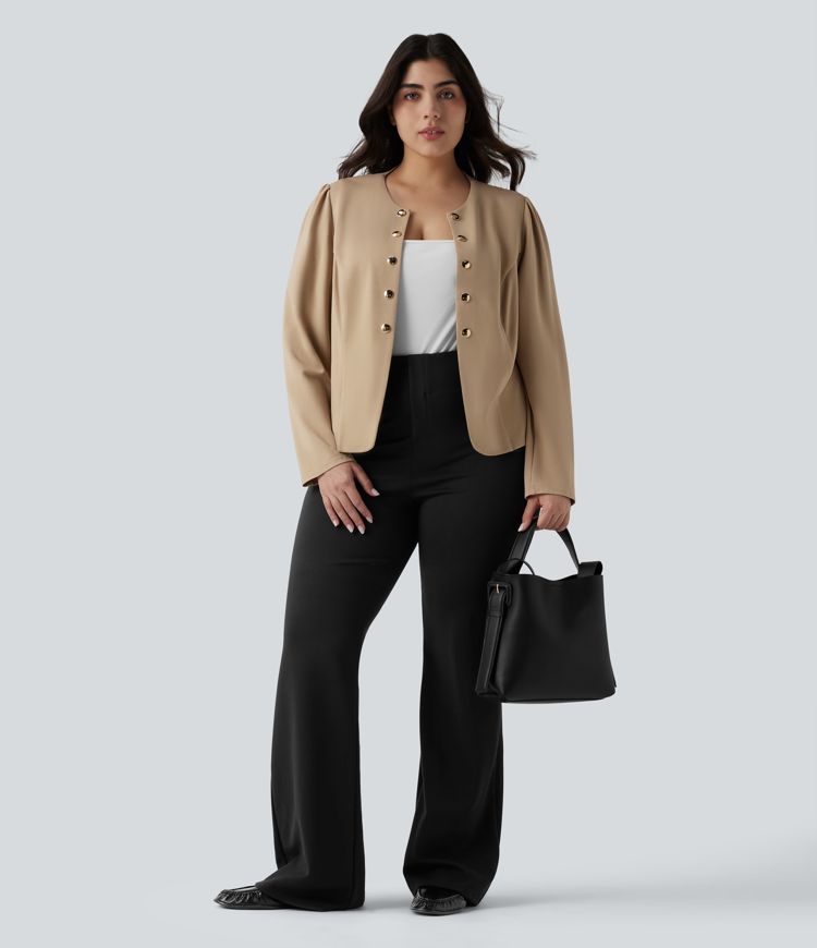 Plus Size SculptKnit Round Neck Long Sleeve Slim Work Blazer