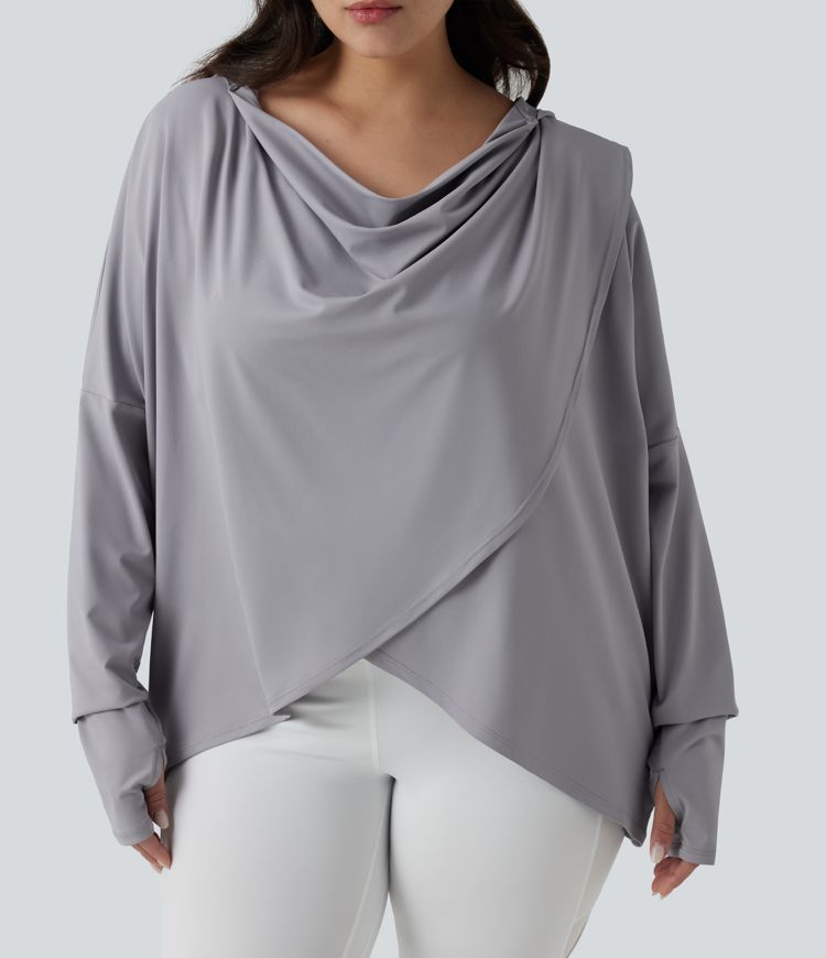 Plus Size Hooded Cowl Neck Long Sleeve Thumb Hole Yoga Sports Top with Pockets
