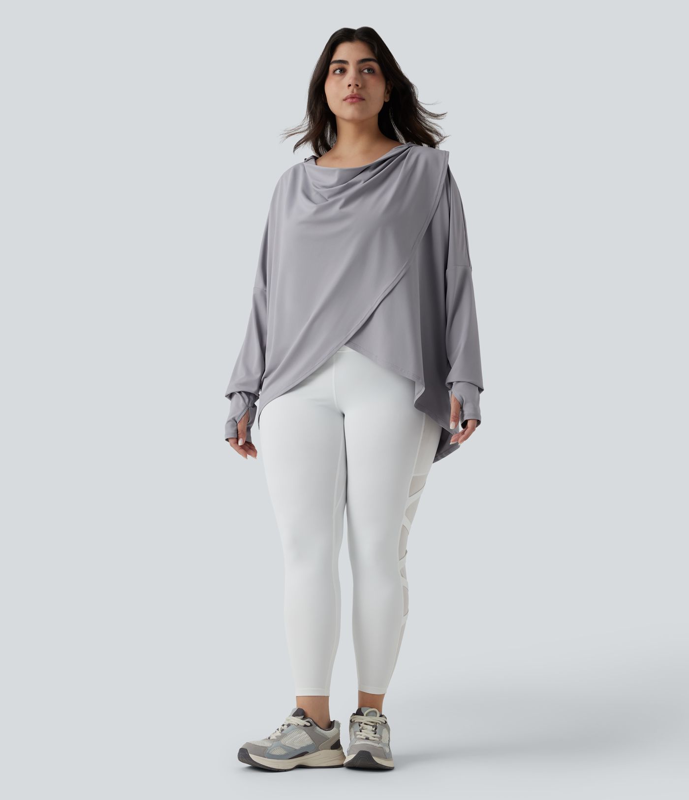 Plus Size Hooded Cowl Neck Long Sleeve Thumb Hole Yoga Sports Top with Pockets