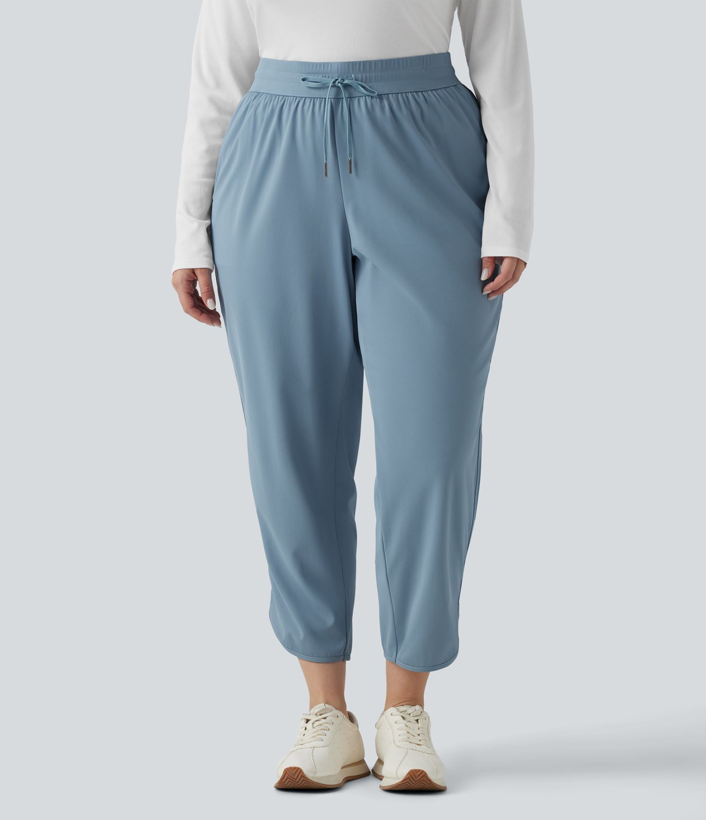 Nohavice vo väčších veľkostiach, stredný pás so sťahovacou šnúrkou, zaoblený lem, rýchloschnúce, zúžený strih, s vreckami — UPF40+