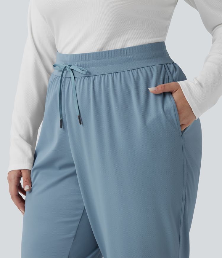 Nohavice vo väčších veľkostiach, stredný pás so sťahovacou šnúrkou, zaoblený lem, rýchloschnúce, zúžený strih, s vreckami — UPF40+