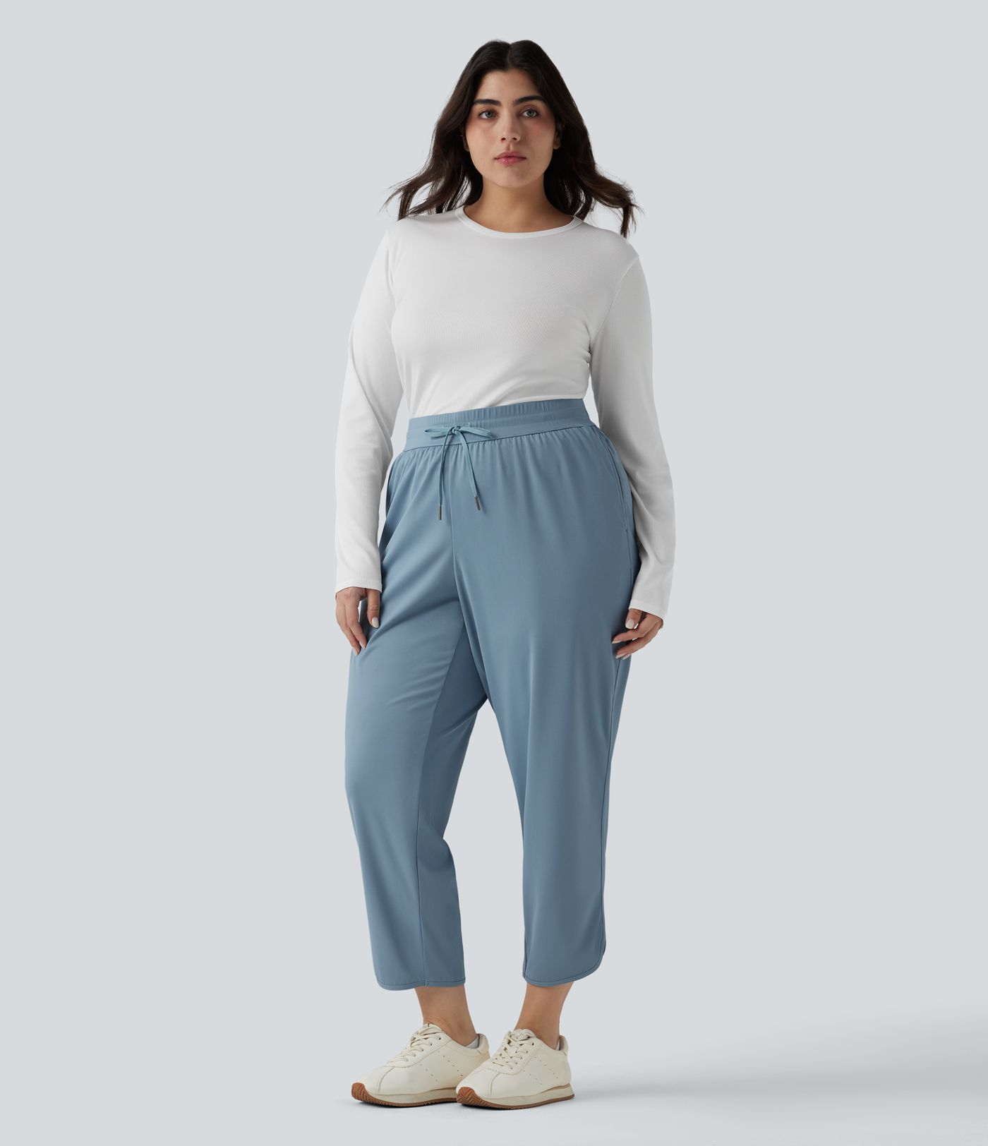 Nohavice vo väčších veľkostiach, stredný pás so sťahovacou šnúrkou, zaoblený lem, rýchloschnúce, zúžený strih, s vreckami — UPF40+